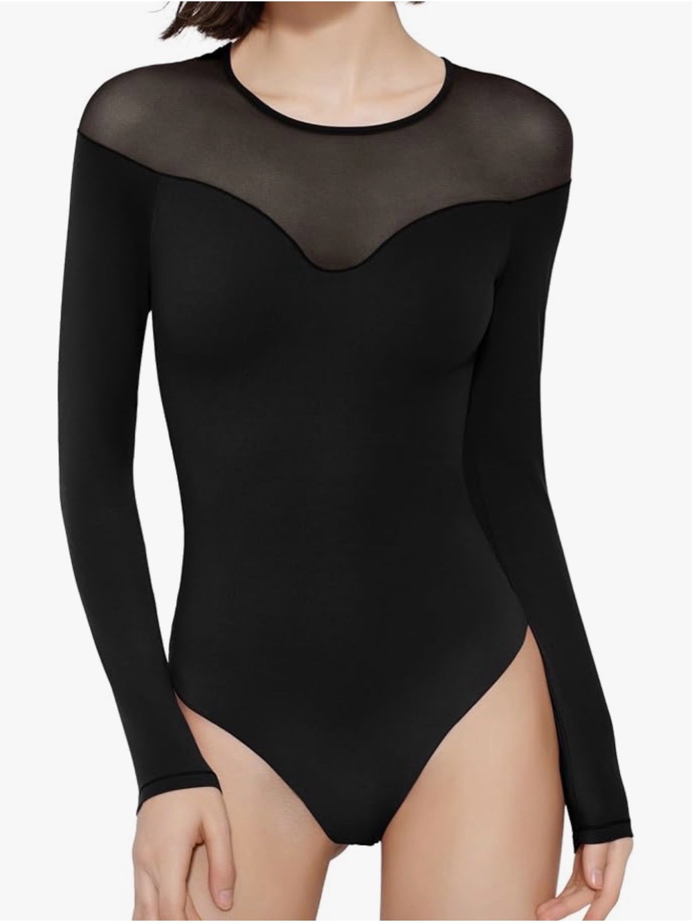 PUMIEY Bodysuit Mesh Crew Neck Long Sleeve in Black